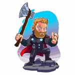 Desenho em estilo cartoon de um guerreiro com cabelo loiro e barba, vestindo uma armadura preta com detalhes azuis e capa vermelha, empunhando um machado em uma mão e adotando uma pose de ação. Fundo em gradiente azul e roxo.