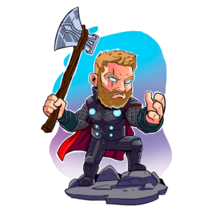 Desenho em estilo cartoon de um guerreiro com cabelo loiro e barba, vestindo uma armadura preta com detalhes azuis e capa vermelha, empunhando um machado em uma mão e adotando uma pose de ação. Fundo em gradiente azul e roxo.