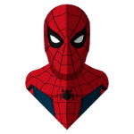 Cabeça do personagem Spider-Man, com máscara vermelha e detalhes em azul, destacando a teia e os olhos brancos expressivos. Ideal para ilustrações relacionadas a super-heróis e cultura pop.