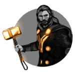 Personagem masculino com cabelos longos e barba, segurando um martelo dourado. Ele veste uma armadura preta com detalhes em laranja e está posicionado em um fundo circular cinza.