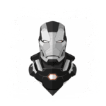 Ilustração do personagem Iron Man em estilo vetorial, destacando o rosto e o traje característico em tons de cinza e preto, com detalhes em laranja, ideal para fãs de quadrinhos e cultura pop.
