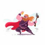 Ilustração de um guerrreiro viking forte e estilizado usando óculos de sol, segurando uma caneca de cerveja e um machado, com um manto vermelho ao fundo. Esta imagem representa um herói épico em um ambiente divertido e descontraído.