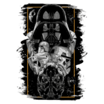 Ilustração em estilo geométrico de Darth Vader e stormtroopers, com fundo cósmico e elementos da saga Star Wars, destacando os personagens icônicos em tons de preto e branco.