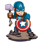 Super-herói famoso segurando um escudo redondo e um martelo, vestido com um traje azul. Ele está em uma pose de combate, enfatizando sua determinação e força. Fundo verde e base rochosa destacam a ação.