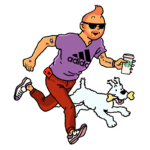 Homem com cabelo moicano, usando camiseta da Adidas e óculos escuros, correndo enquanto segura um copo de café da Starbucks, acompanhado de um cachorro branco que carrega um osso.