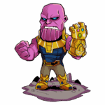 Personagem Thanos em estilo cartoon, com pele roxa, vestindo uma armadura dourada e azul, segurando a Manopla do Infinito. Fundo verde.