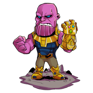 Personagem Thanos em estilo cartoon, com pele roxa, vestindo uma armadura dourada e azul, segurando a Manopla do Infinito. Fundo verde.