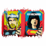 Ilustrações de capas de álbuns fictícios com referências a ícones do rock. À esquerda, figura com cabelo longo e barba loira, vestindo um capacete de Thor e segurando uma guitarra, representando "Unplugged". À direita, figura com cabelo longo e preto, trajando uma camisa do Superman e também segurando uma guitarra, representando "Mondo Bizarro". Fundo colorido e detalhes criativos.