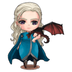 Personagem estilo chibi com cabelo longo e liso, usando um manto azul, segurando um pequeno dragão preto com asas vermelhas. Olhos grandes e expressivos em tons de roxo, emanando uma aura de poder e determinação.