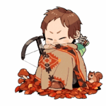 Personagem anime sentado em folhas caídas, coberto com um cobertor estampado. Ele tem uma expressão séria, segurando um arco e flechas ao fundo. Ao seu lado, há um esquilo e cogumelos. Ideal para temas de outono, caça e natureza.