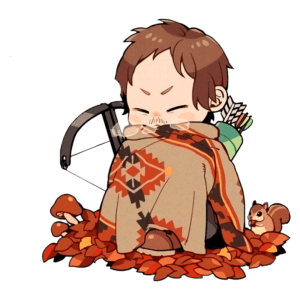 Personagem anime sentado em folhas caídas, coberto com um cobertor estampado. Ele tem uma expressão séria, segurando um arco e flechas ao fundo. Ao seu lado, há um esquilo e cogumelos. Ideal para temas de outono, caça e natureza.