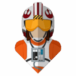 Piloto de caça da Rebelião com uniforme laranja e capacete icônico, representando a estética de Star Wars.