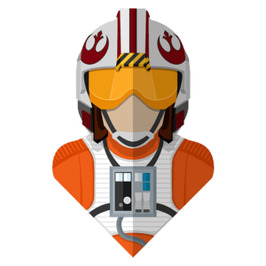 Piloto de caça da Rebelião com uniforme laranja e capacete icônico, representando a estética de Star Wars.