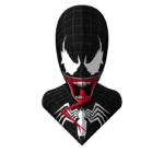 Imagem estilizada do personagem Venom, apresentando uma cabeça negra com detalhes brancos e um sorriso ameaçador, com dentes afiados e uma língua vermelha exposta. O fundo é transparente, destacando o design icônico do super-herói.