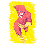 Ilustração do personagem Flash em uma pose dinâmica, com fundo amarelo e efeitos de velocidade, representando super-heróis e quadrinhos.