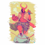 Personagem demoníaco musculoso segurando uma espada, com chifres proeminentes e uma capa esvoaçante, posicionado sobre uma rocha com um fundo colorido e elementos místicos.