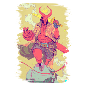 Personagem demoníaco musculoso segurando uma espada, com chifres proeminentes e uma capa esvoaçante, posicionado sobre uma rocha com um fundo colorido e elementos místicos.