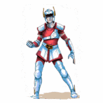 Personagem de desenho animado vestindo uma armadura vermelha e prateada, com detalhes em azul. Ele está em uma pose de combate, com um olhar determinado e luvas. O fundo é branco, destacando seus traços e armadura.