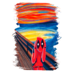 Personagem de quadrinhos Deadpool em uma ilustração artística, com cores vibrantes de um pôr do sol ao fundo, posicionado em uma passarela de madeira.