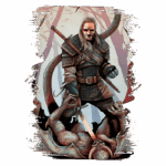 Geralt de Rívia em uma ilustração poderosa, segurando uma espada enquanto derrota um monstro em um ambiente sombrio de floresta.