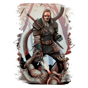 Geralt de Rívia em uma ilustração poderosa, segurando uma espada enquanto derrota um monstro em um ambiente sombrio de floresta.