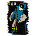 Imagem de um super-herói cantando em um microfone, inspirado no estilo de quadrinhos, com traje azul e máscara. O fundo é escuro, destacando a figura central.