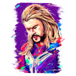 Retrato estilizado de um personagem com cabelo longo e loiro, vestindo uma armadura colorida. O fundo é vibrante em tons de roxo e azul, destacando o olhar contemplativo do personagem. Ideal para discutir arte digital e personagens de ficção.