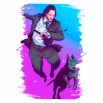 Homem em traje de terno escuro saltando ao lado de um cão de raça Pitbull, com fundo em gradiente de azul e rosa, transmitindo ação e dinamismo. Ele segura uma faca e parece estar em movimento, com fragmentos de vidro ao seu redor.