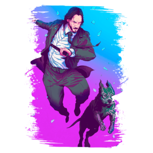 Homem em traje de terno escuro saltando ao lado de um cão de raça Pitbull, com fundo em gradiente de azul e rosa, transmitindo ação e dinamismo. Ele segura uma faca e parece estar em movimento, com fragmentos de vidro ao seu redor.