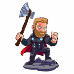 Personagem de desenho animado inspirado em Thor, segurando um machado, com uma capa vermelha e traje de guerreiro, em uma pose poderosa sobre uma base de pedra.
