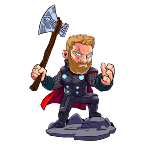 Personagem de desenho animado inspirado em Thor, segurando um machado, com uma capa vermelha e traje de guerreiro, em uma pose poderosa sobre uma base de pedra.