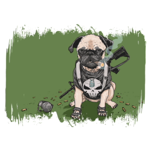 Pug estilizado vestindo camiseta com estampa de caveira, fumando um charuto e posicionado ao lado de uma arma e granada, em um cenário de fundo verde.