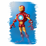 Figura estilizada do Iron Man em formato de brinquedo, destacando seu traje vermelho e dourado com detalhes azuis, posicionado em um fundo azul. Ideal para fãs de super-heróis e colecionadores de figuras de ação.
