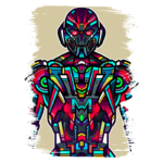 Ilustração de um robô estilizado com cores vibrantes e design geométrico moderno, destacando detalhes futuristas e um fundo neutro. Ideal para temas de tecnologia e arte digital.