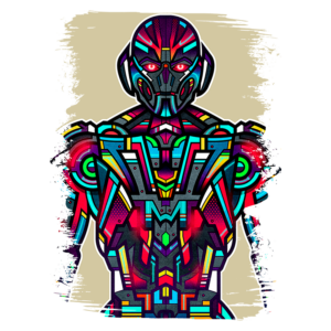 Ilustração de um robô estilizado com cores vibrantes e design geométrico moderno, destacando detalhes futuristas e um fundo neutro. Ideal para temas de tecnologia e arte digital.