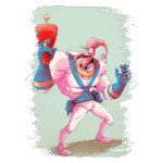 Personagem de desenho animado com forma de verme musculoso, vestindo um traje colorido e segurando um troféu, em um fundo suave.