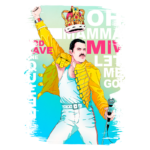 Imagem estilizada de Freddie Mercury, vocalista da banda Queen, usando um traje amarelo icônico e uma coroa, levantando o braço e segurando um microfone, com letras da canção "Bohemian Rhapsody" ao fundo.