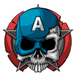 Cabeça de caveira estilizada com um capacete azul e a letra "A", cercada por uma estrela e um fundo vermelho, representando uma fusão entre elementos de super-heróis e um design sombrio.