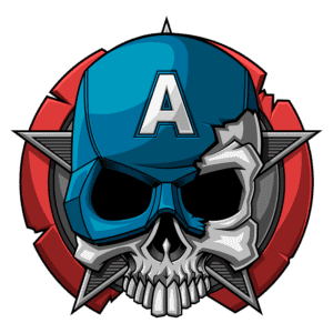Cabeça de caveira estilizada com um capacete azul e a letra "A", cercada por uma estrela e um fundo vermelho, representando uma fusão entre elementos de super-heróis e um design sombrio.