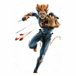 Personagem de desenho animado com aparência de leão, vestindo um traje azul escuro e segurando armas. Ele está em movimento, com uma expressão de determinação, pronto para a ação. Fundo branco com detalhes em verde.