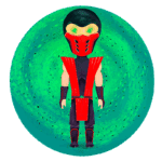 Figura de ação estilizada de um personagem com traje vermelho e preto, em destaque sobre um fundo verde vibrante, inspirado em temas de jogos de luta.