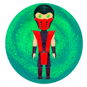 Figura de ação estilizada de um personagem com traje vermelho e preto, em destaque sobre um fundo verde vibrante, inspirado em temas de jogos de luta.