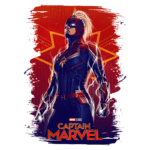 Imagem da personagem Capitã Marvel, da Marvel Studios, destacando sua pose heroica com um traje azul e dourado, em um fundo vermelho com estrelas. A arte enfatiza os poderes da heroína, simbolizando força e determinação.