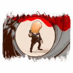 Ilustração de um personagem estilizado em um terno preto, segurando uma arma, posicionado no centro de uma espiral que remete a um cenário de ação e espionagem. O design combina elementos de humor e referência ao gênero de filmes de agentes secretos.