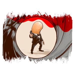 Ilustração de um personagem estilizado em um terno preto, segurando uma arma, posicionado no centro de uma espiral que remete a um cenário de ação e espionagem. O design combina elementos de humor e referência ao gênero de filmes de agentes secretos.