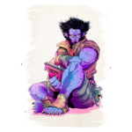 Personagem de estilo artístico vibrante, sentado e lendo um livro chamado "Darwin". Ele possui pele azul, cabelo desgrenhado e usa roupas rasgadas. O fundo é claro, destacando a figura e a expressão pensativa do personagem.