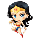 Imagem estilizada da Mulher-Maravilha em design chibi, com cabelo preto, tiara dourada e estrelas, usando laço da verdade e traje azul com estrelas brancas.