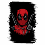 Ilustração do personagem Deadpool, com traje vermelho e preto, exibindo uma expressão séria. O fundo é escuro e destaca suas espadas.
