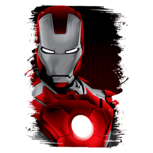 Imagem do super-herói Iron Man, conhecido por sua armadura vermelha e prateada, com um fundo escuro. A armadura possui detalhes mecânicos e um reator arc em destaque no centro do peito.