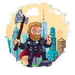 Personagem de estilo cartoon com cabelo loiro e barba, vestindo uma armadura e capa vermelha, segurando um machado em uma mão, em frente a um cenário urbano com arranha-céus.